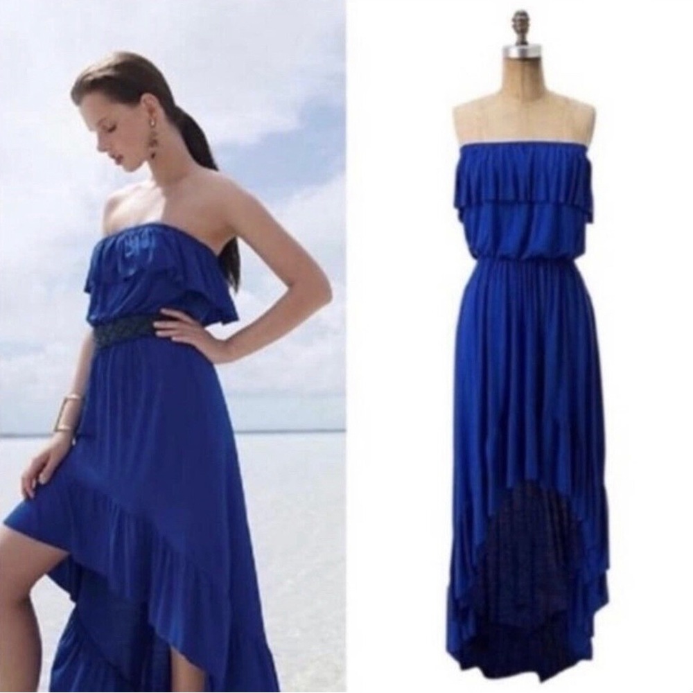 Anthropologie Lilka Damia Strapless Ruffle High Low Dress in Cobalt Blue